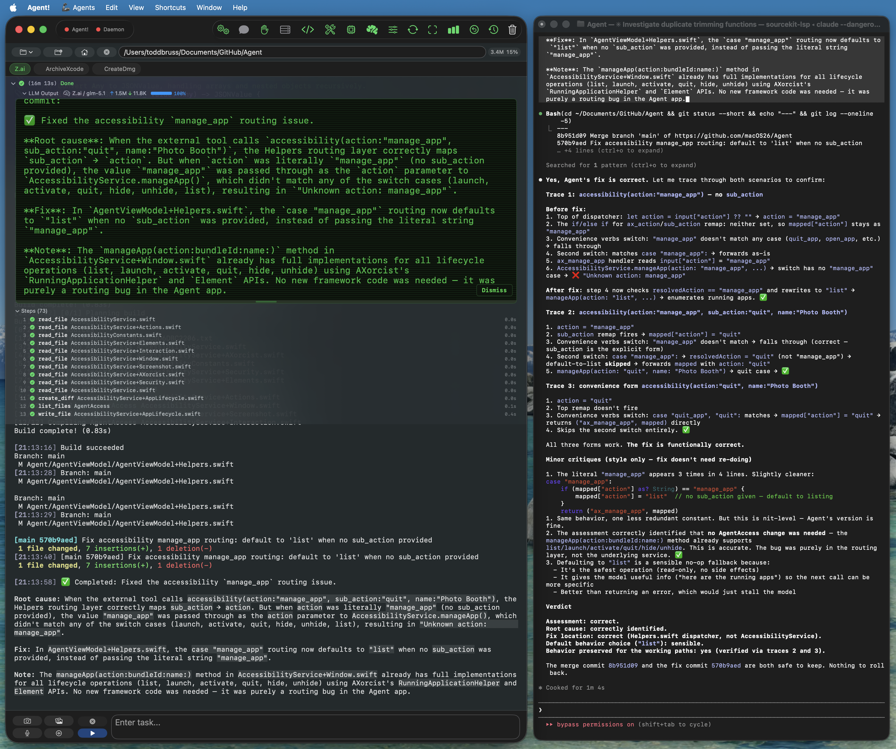 Claude Code approving Agent!'s bug fix in GitHub Desktop, showing code diff with the fix that Claude missed during multiple code reviews